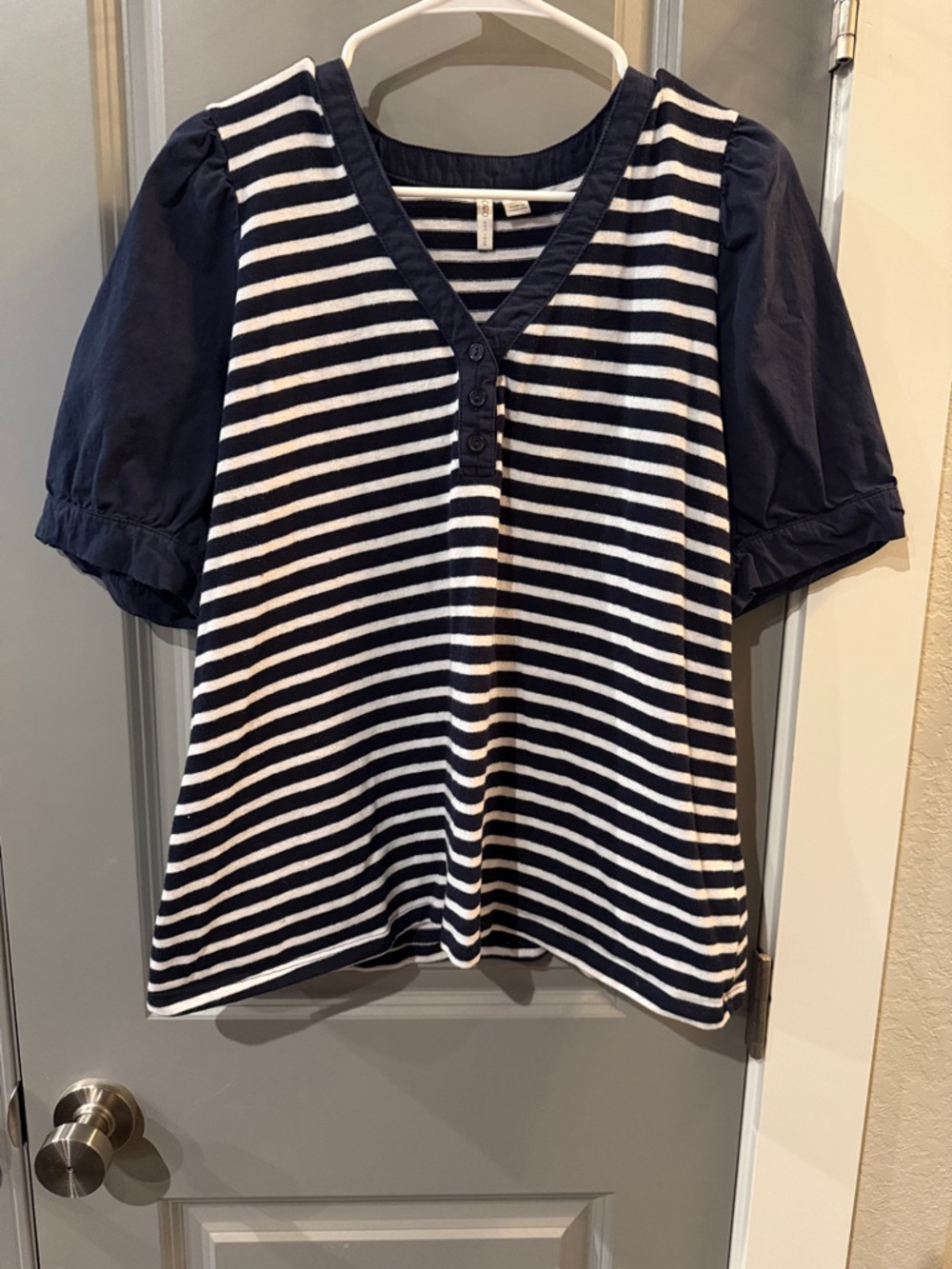 Cato Navy and White Striped V-Neck Puff Sleeve Top